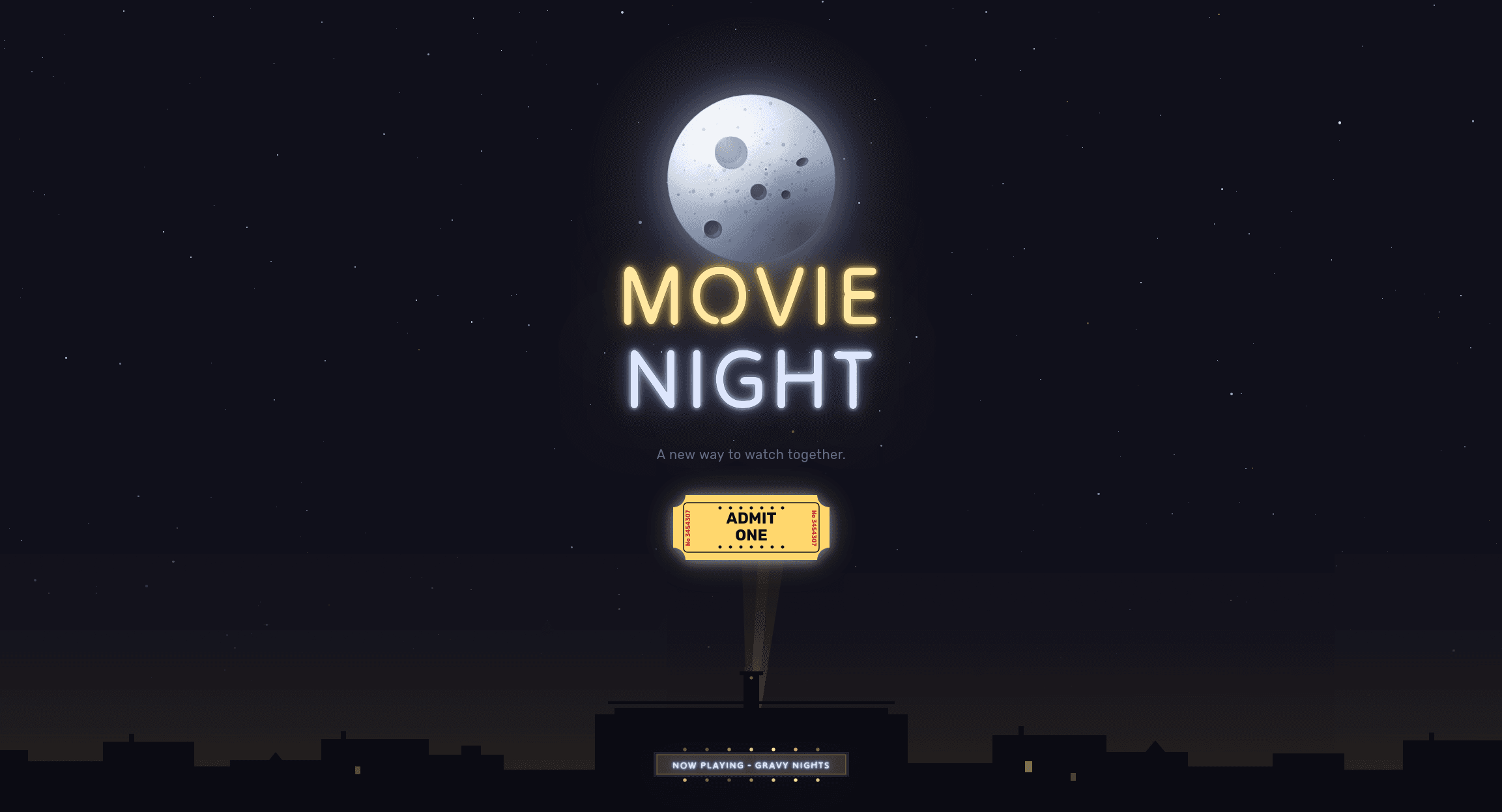 Landing — Neon marquee, starfield, admit-one ticket